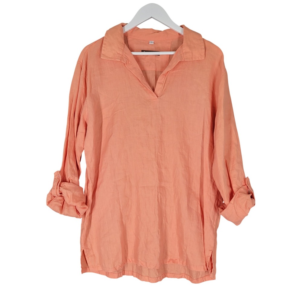 Island Importer Linen Tunic Top Large Peach Coral Long Sleeve Roll Tab V-Neck